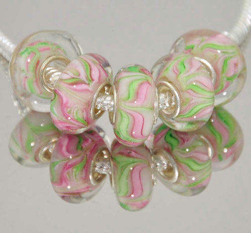 PANDORA STYLE - 925 SILVER CORE - MURANO GLASS BEADS - CLEAR WITH WHITE,GREEN,PINK & BLUE STRIPES