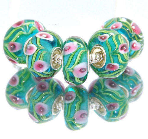 PANDORA STYLE - 925 SILVER - MURANO GLASS BEADS - CLEAR TURQUOISE AND GREEN WITH PINK INNER FLOWERS