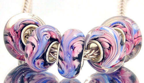PANDORA STYLE - 925 SILVER CORE - MURANO GLASS BEADS - CLEAR WITH PINK AND BLUE INNER SWIRLS