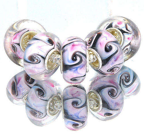 PANDORA STYLE HANDMADE MURANO GLASS BEADS - CLEAR BLACK WITH PINK/BLUE INNER SCROLL