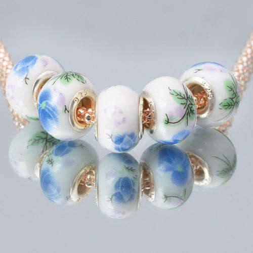 925 SILVER CORE - CERAMIC GLASS BEADS - WHITE WITH BLUE AND GREEN FLORALS