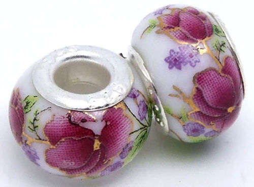 EUROPEAN STYLE - 925 SILVER CORE - CERAMIC GLASS BEADS - WHITE WITH LILAC FLORAL DESIGN