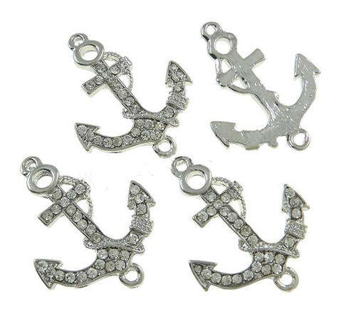 CONNECTORS - CHARMS - SILVER - ANCHOR - CLEAR RHINESTONES - 27x36x3mm