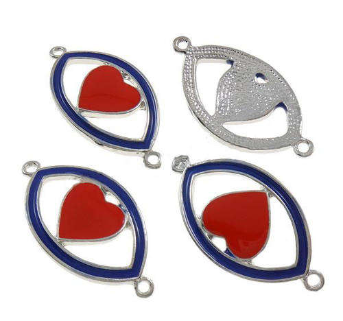 CONNECTORS - SILVER - HORSE EYE -  RED AND ROYAL BLUE HEART -  ENAMEL - 1/1 LOOP - 41x21x3.50mm