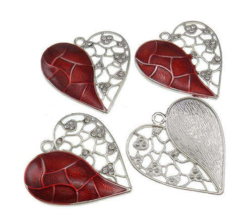 PENDANTS - SILVER - FILIGREE - HOLLOW - RED ENAMEL AND RHINESTONES - 46x47x5mm