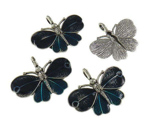 PENDANTS - ANTIQUE SILVER - TURQUOISE ENAMEL - BUTTERFLY - 41x32x6.50mm