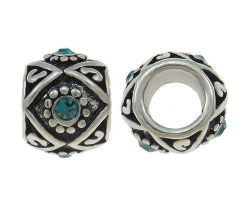 PANDORA STYLE - ANTIQUE SILVER - FLOWER - CARVED PATTERN CHARM BEADS - BLUE RHINESTONE - 10 x 8mm