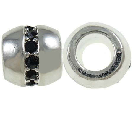 EUROPEAN STYLE - ANTIQUE SILVER - BARREL SPACER BEADS WITH BLACK CZ CRYSTALS