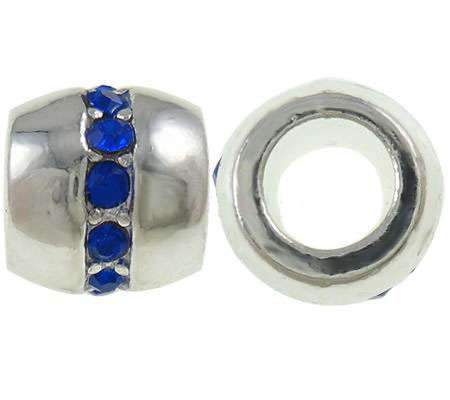EUROPEAN STYLE - ANTIQUE SILVER - BARREL SPACER BEADS WITH ROYAL BLUE CZ CRYSTALS