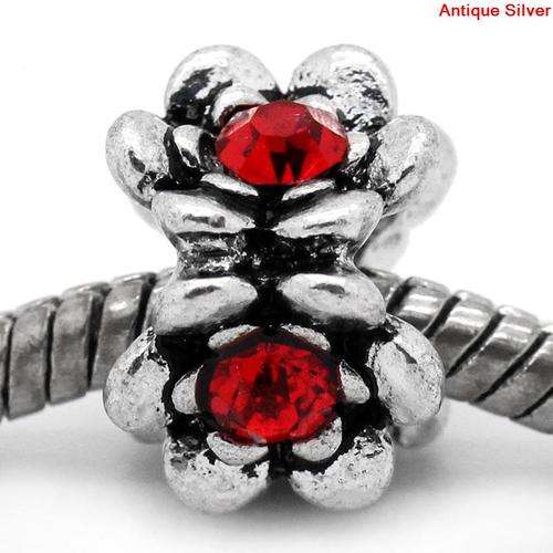 EUROPEAN STYLE - ANTIQUE SILVER - RED RHINESTONE - FLOWER SPACER BEADS - 13x13mm
