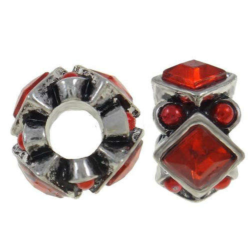 EUROPEAN STYLE - RONDELLE - ANTIQUE SILVER - RED - RHINESTONE AND PEARLS - SPACER BEADS
