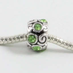 EUROPEAN STYLE - ANTIQUE SILVER - SCROLL SPACER BEADS - GREEN RHINESTONES - 12 x 7mm