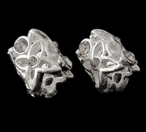 EUROPEAN STYLE - DRUM - SPACER BEADS - SILVER - CLEAR RHINESTONES - ENGRAVED FLOWERS - 11x11mm