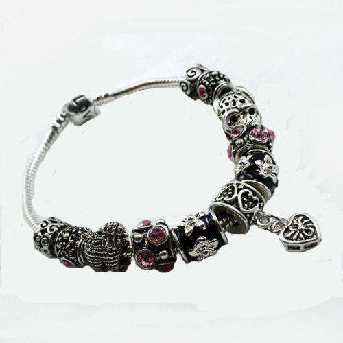 BRACELET - SILVER - PANDORA STYLE - COMPLETE - ANTIQUE SILVER - BLACK & PINK