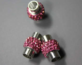 CLASPS - MAGNETIC LEATHER CORD END CLASPS WITH DARK PINK CRYSTAL RHINESTONES - FITS 7mm CORD