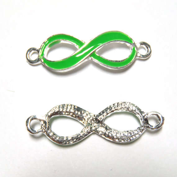 CONNECTORS - INFINITY- ENAMEL - BRIGHT GREEN - SILVER TONE - PLATED ZINC ALLOY