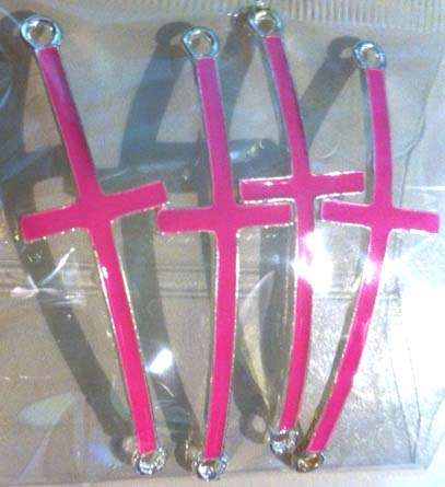 CHARMS - INFINITY BRACELET CONNECTORS - CROSS - SIDEWAYS - ENAMEL - BRIGHT PINK