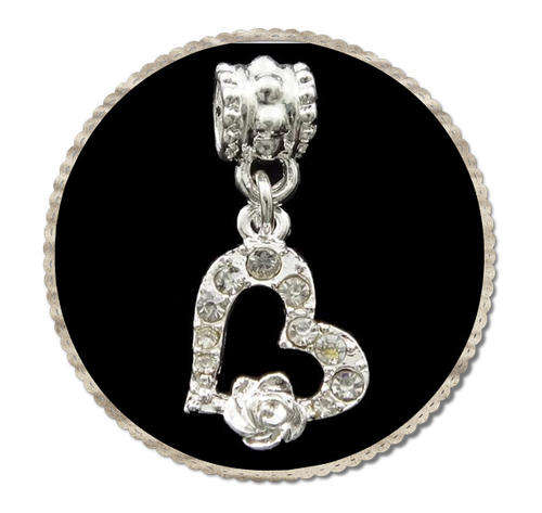 EUROPEAN STYLE - SILVER - HEART WITH RHINESTONE AND ROSE - DANGLE CHARMS