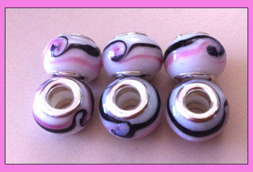 EUROPEAN STYLE - 925 SILVER CORE - GLASS BEADS - SOLID WHITE WITH PINK AND BLACK SCROLL