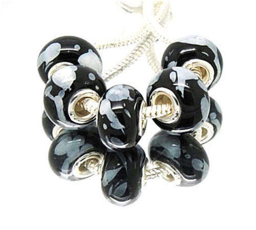 EUROPEAN STYLE - 925 SILVER CORE - CERAMIC GLASS BEADS - SOLID BLACK WITH WHITE SPLASH