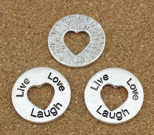 CONNECTORS - LINKING RING - ANTIQUE SILVER - DONUT HEART - WITH ENGRAVED LETTERING - LIVE, LOVE LAUG
