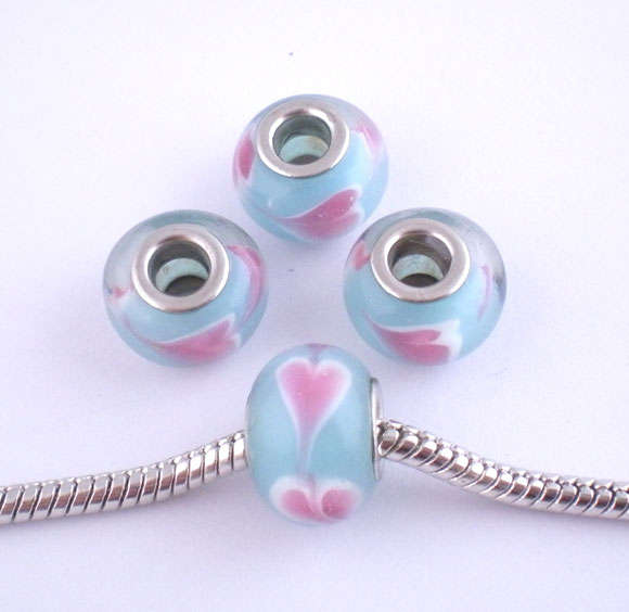 EUROPEAN STYLE - 925 SILVER CORE - MURANO GLASS BEADS - CLEAR -LIGHT BLUE WITH PINK AND WHITE HEART