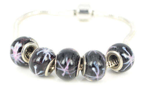 925 SILVER CORE - MURANO GLASS BEADS - CLEAR BLACK WITH WHITE PATTERN