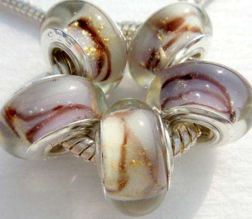 925 SILVER CORE - UNIQUE - MURANO GLASS BEADS - CLEAR WHITE WITH BROWN AND GOLD SAND