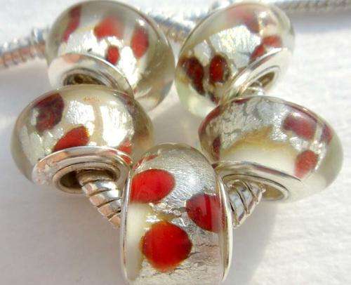 925 Silver Core Unique European Style Lampwork Glass Beads Clear Silver Foil With Red Dots