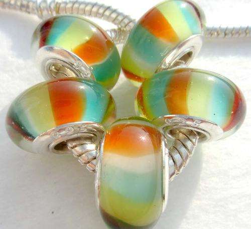 EUROPEAN STYLE - 925 SILVER CORE - UNIQUE -  MURANO GLASS BEADS - CLEAR - BRIGHT RAINBOW STRIPES