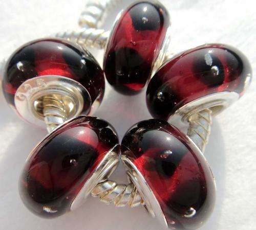 EUROPEAN STYLE - 925 SILVER CORE - UNIQUE - MURANO  GLASS BEADS - CLEAR - DEEP RED WITH BLACK SPOTS
