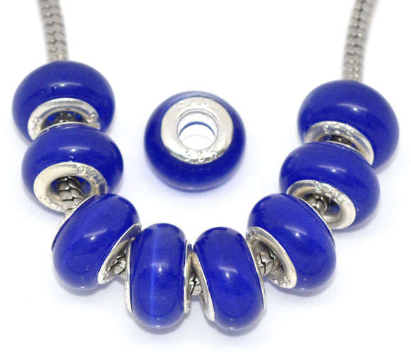 925 SILVER CORE - CAT'S EYE - EUROPEAN STYLE - GLASS BEADS - ROYAL BLUE