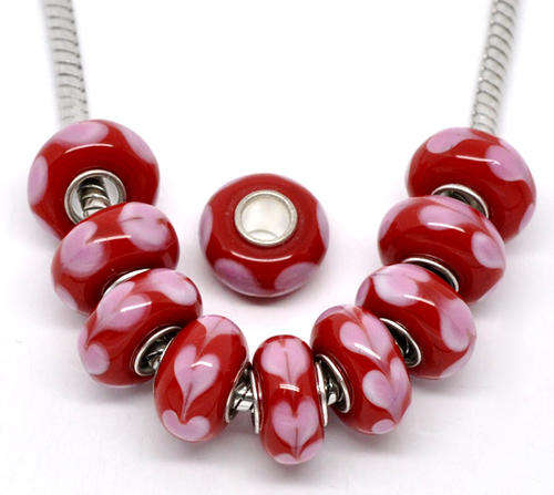 EUROPEAN STYLE - 925 SILVER CORE - MURANO GLASS BEADS - SOLID RED WITH PINK HEART