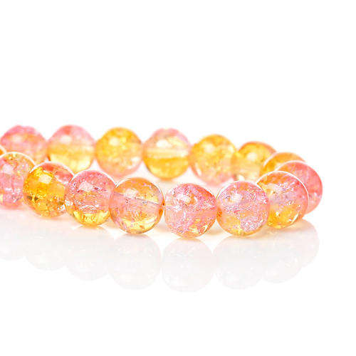 GLASS BEADS - ROUND - TWO TONE - YELLOW AND PINK - CRACKLE - 8mm - SOLD PER BEAD