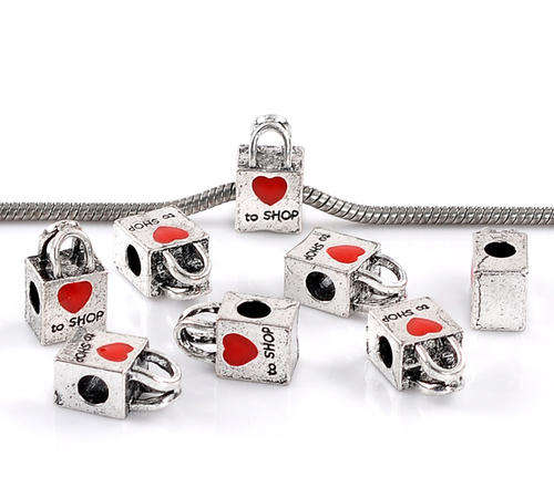 EUROPEAN STYLE - ANTIQUE SILVER - "LOVE TO SHOP" - CHARM SPACER BEADS WITH RED HEART