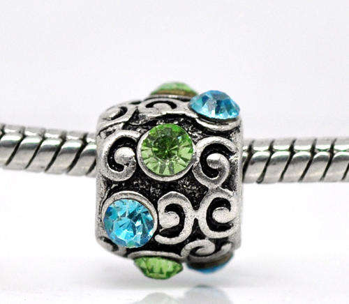 EUROPEAN STYLE - ANTIQUE SILVER - BLUE AND GREEN RHINESTONES - SCROLL DESIGN - CHARM SPACER BEADS