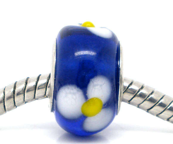 EUROPEAN STYLE - 925 SILVER CORE - MURANO GLASS BEADS - SOLID ROYAL BLUE WITH WHITE RAISED FLOWER
