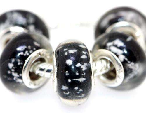 925 SILVER CORE - EUROPEAN STYLE - MURANO GLASS BEADS - CLEAR BLACK WITH WHITE SPECKS
