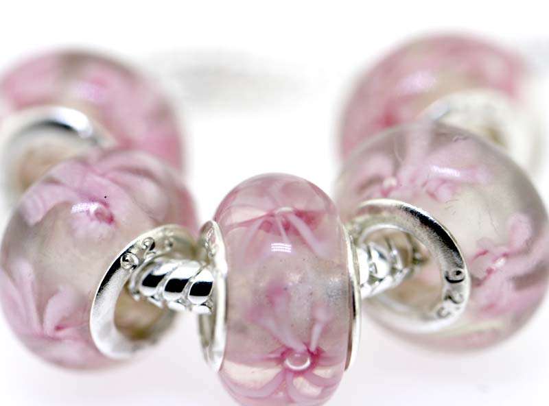 925 SILVER CORE - EUROPEAN STYLE - MURANO GLASS BEADS - CLEAR WITH PINK INNER FLOWERS
