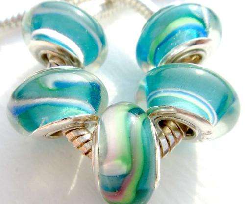 925 SILVER CORE - UNIQUE - MURANO GLASS BEADS - CLEAR TURQUOISE WITH INNER RAINBOW SWIRLS