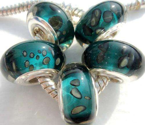 925 SILVER CORE - UNIQUE - SEASCAPE - MURANO GLASS BEADS - CLEAR SEA GREEN WITH GREY SPOTS