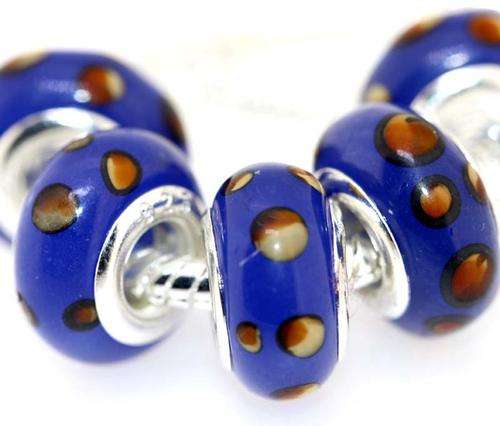 EUROPEAN STYLE - 925 SILVER CORE - MURANO GLASS BEADS - ROYAL BLUE WITH BROWN & TAN SPOTS