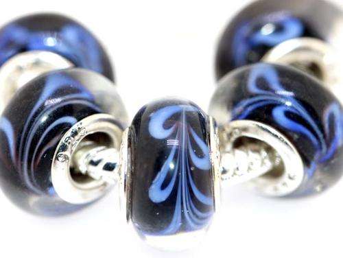 925 SILVER CORE - EUROPEAN STYLE - MURANO GLASS BEADS - CLEAR BLACK WITH BLUE LEAF DESIGN