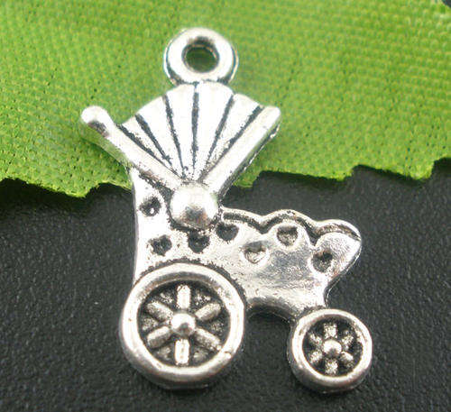 CHARMS - ANTIQUE SILVER - BABY CARRIAGE AND BUGGY - 19x12mm