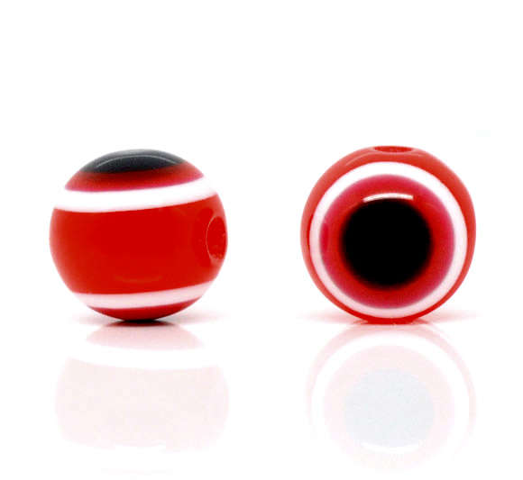 ACRYLIC - RESIN - RED, BLACK AND WHITE - EVIL EYE - STRIPED ROUND BEADS - 10mm- 10 PCS