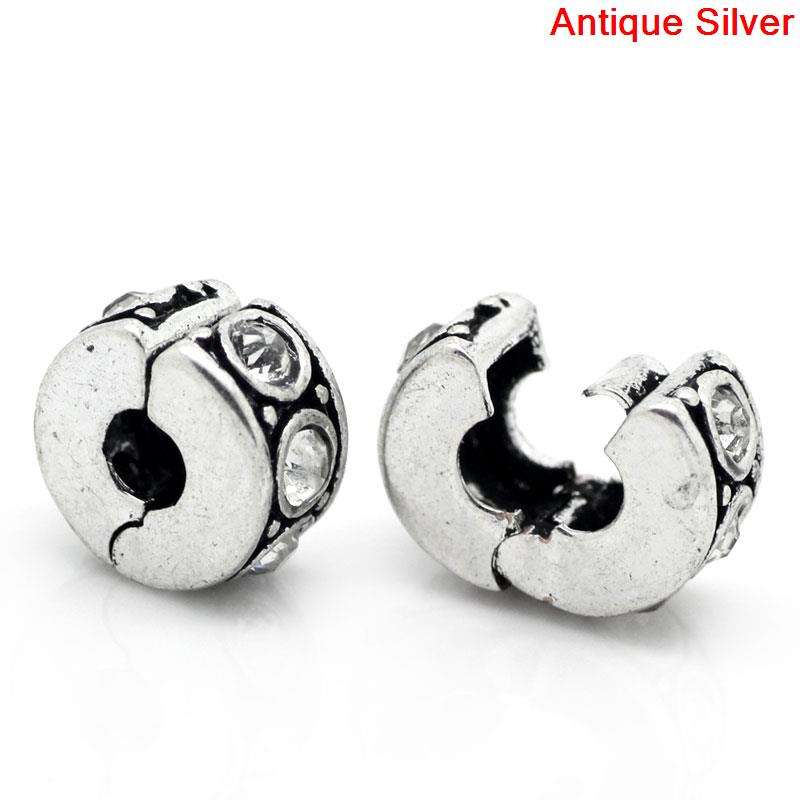 EUROPEAN STYLE - RONDELLE - CLIP ON - BEAD STOPPERS - CLEAR RHINESTONES