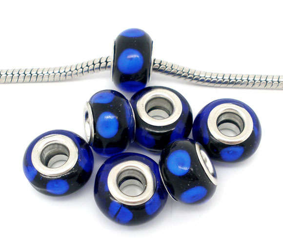 EUROPEAN STYLE - EUROPEAN STYLE - MURANO GLASS BEADS - CLEAR BLACK WITH BLUE SPOTS
