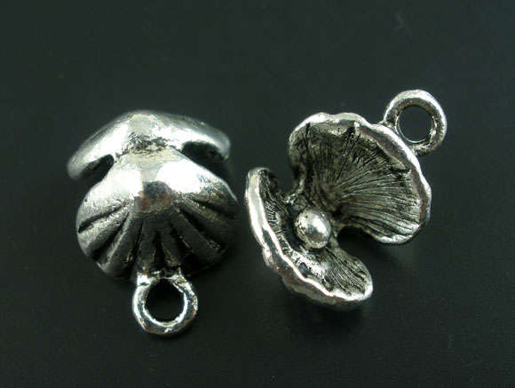 CHARMS - ANTIQUE SILVER - PEARL IN SHELL - 15x10mm
