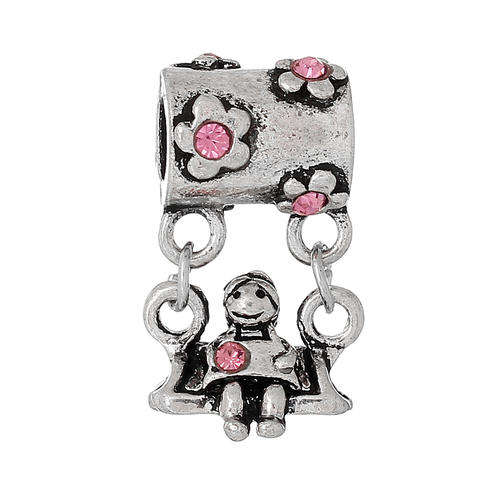 EUROPEAN STYLE - ANTIQUE SILVER - PINK RHINESTONES - GIRL ON A SWING - DANGLE CHARMS