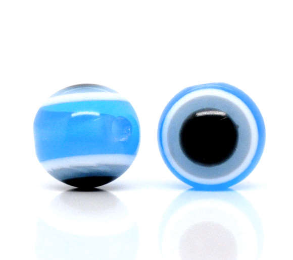 ACRYLIC - RESIN - LIGHT BLUE, BLACK AND WHITE - EVIL EYE - STRIPED ROUND BEADS - 10mm